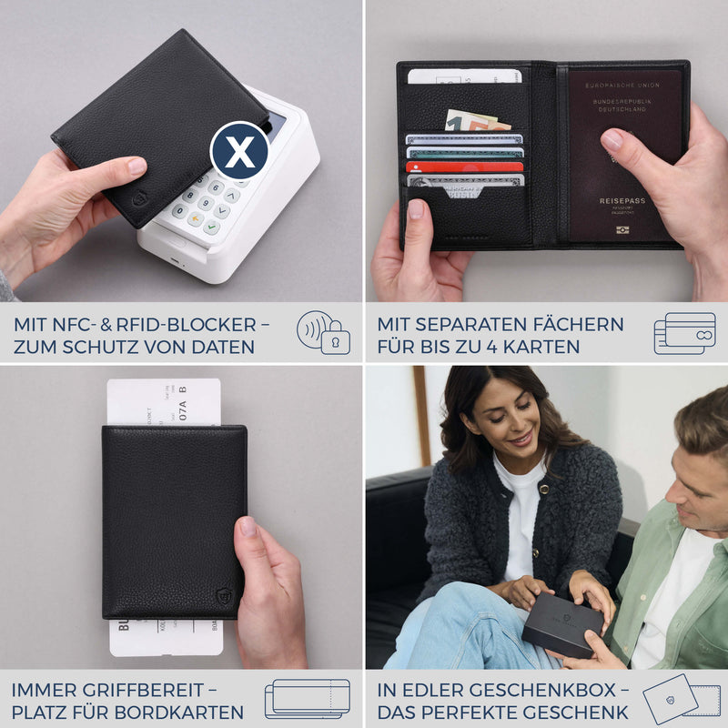 Reisepasshülle mit RFID-Schutz & 4 Kartenfächer (Genarbt)