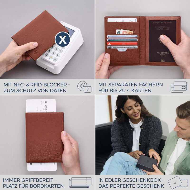 Reisepasshülle mit RFID-Schutz & 4 Kartenfächer (Genarbt)