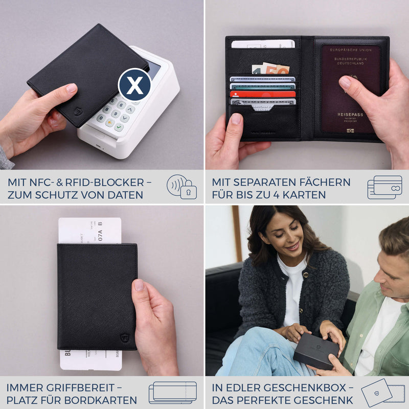 Reisepasshülle mit RFID-Schutz & 4 Kartenfächer (Saffiano)