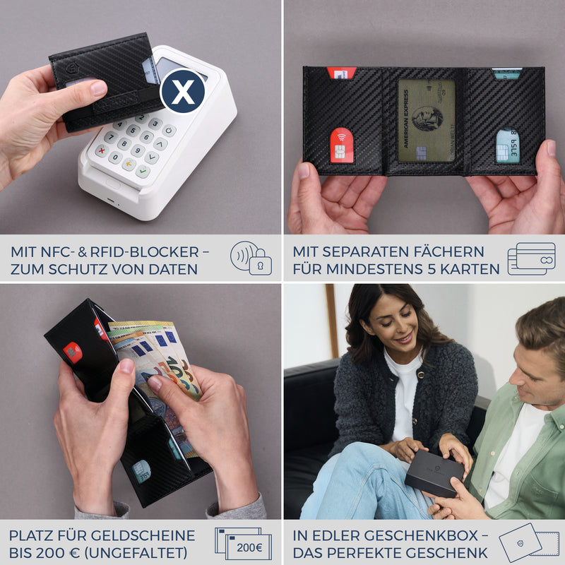 Slim Wallet mit RFID-Schutz, 5 Kartenfächer & XL-Münzfach (Carbon)