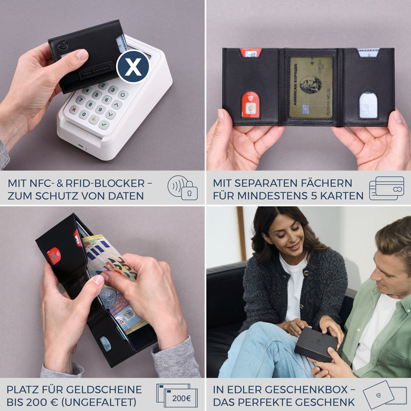 Slim Wallet mit RFID-Schutz, 5 Kartenfächer & XL-Münzfach (Glatt)