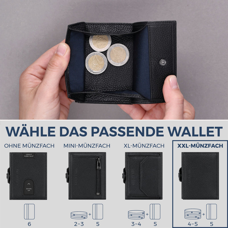 Slim Wallet mit RFID-Schutz, 5 Kartenfächer & XXL-Münzfach (Genarbt)
