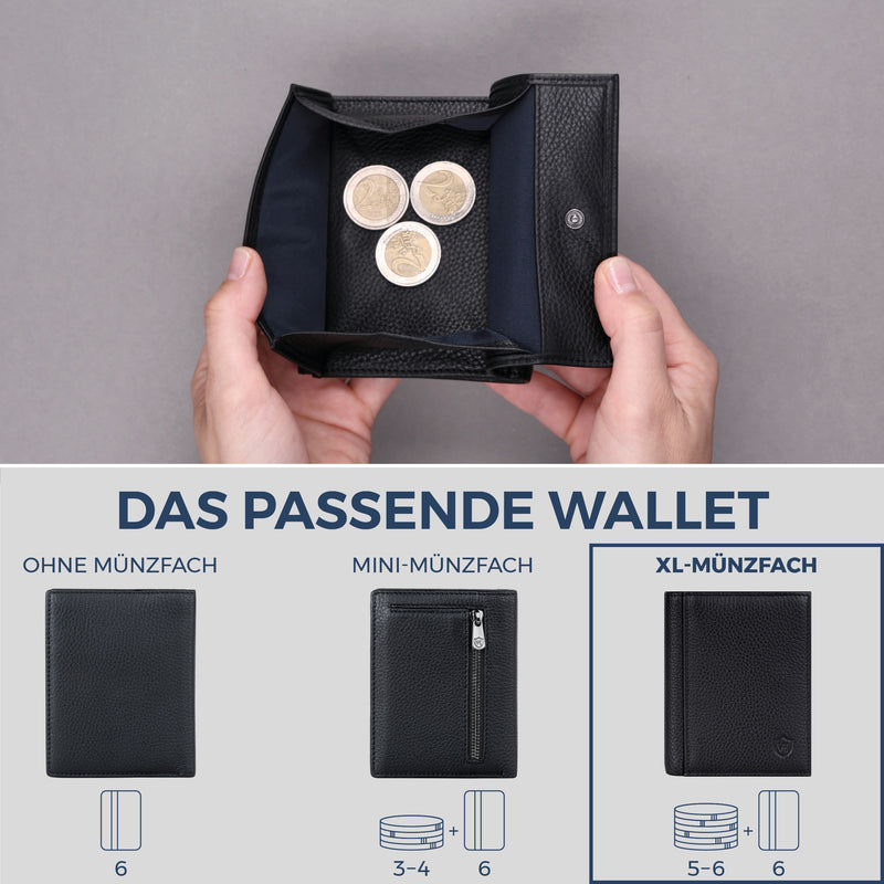 Geldbörse mit RFID-Schutz, 8 Kartenfächer und XXL-Münzfach (Genarbt)