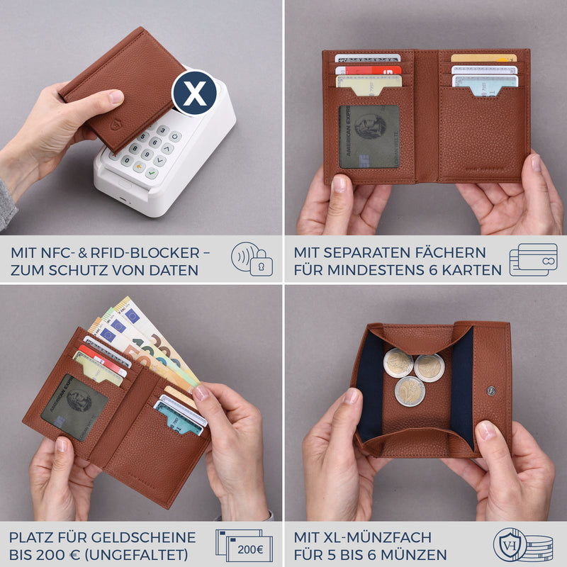 Geldbörse mit RFID-Schutz, 8 Kartenfächer und XXL-Münzfach (Genarbt)