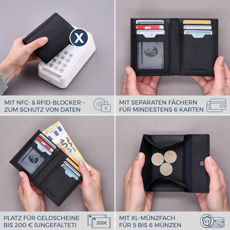 Geldbörse mit RFID-Schutz, 8 Kartenfächer und XXL-Münzfach (Saffiano)