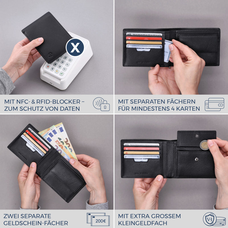 Geldbörse mit RFID-Schutz & 8 Kartenfächer (Genarbt)