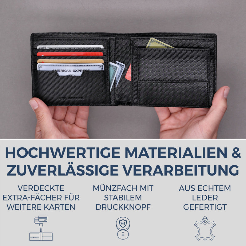 Geldbörse mit RFID-Schutz & 8 Kartenfächer (Carbon)
