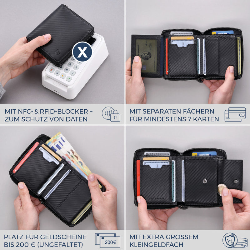 Geldbörse mit RFID-Schutz & 12 Kartenfächer (Carbon)
