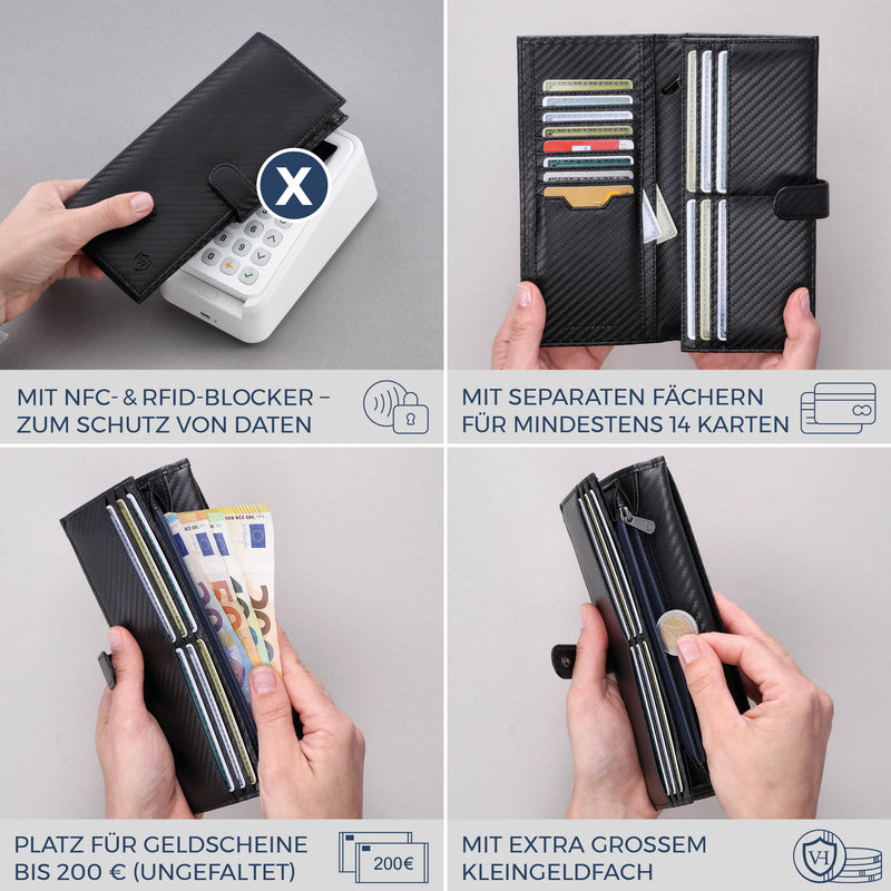 Geldbörse mit RFID-Schutz & 14 Kartenfächer (Carbon)