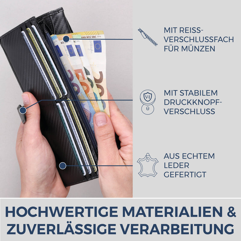 Geldbörse mit RFID-Schutz & 14 Kartenfächer (Carbon)