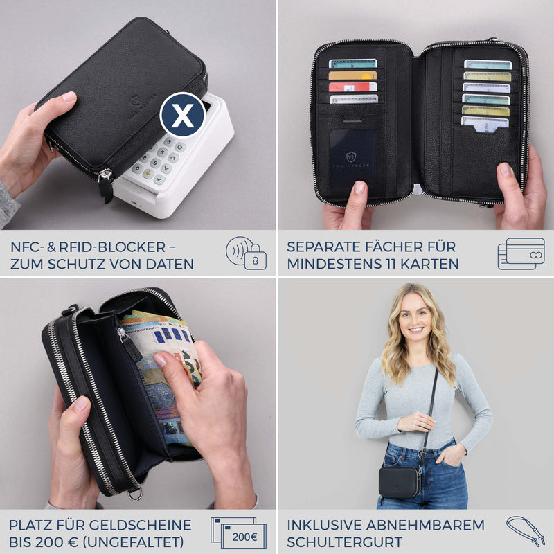 Geldbörse mit RFID-Schutz & 2 Hauptfächer zum Umhängen (Genarbt)