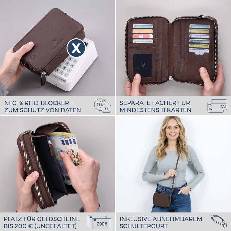 Geldbörse mit RFID-Schutz & 2 Hauptfächer zum Umhängen (Genarbt)