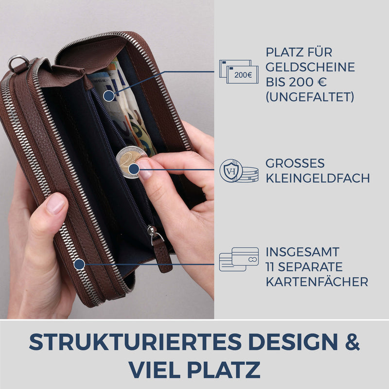 Geldbörse mit RFID-Schutz & 2 Hauptfächer zum Umhängen (Genarbt)