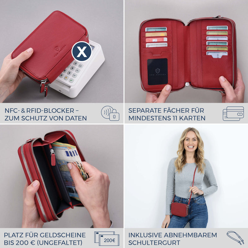 Geldbörse mit RFID-Schutz & 2 Hauptfächer zum Umhängen (Genarbt)