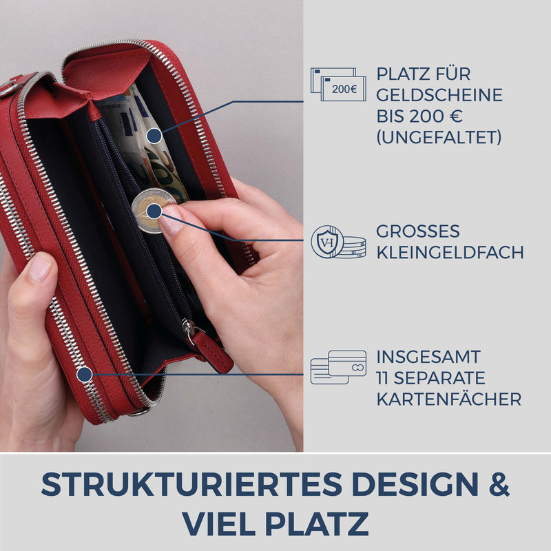 Geldbörse mit RFID-Schutz & 2 Hauptfächer zum Umhängen (Genarbt)