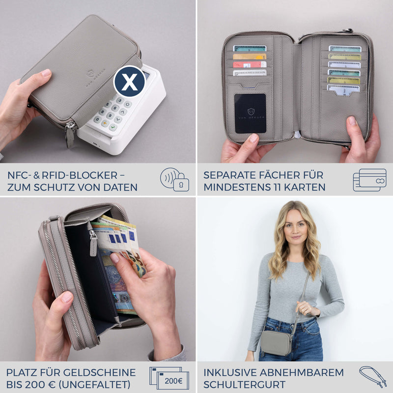 Geldbörse mit RFID-Schutz & 2 Hauptfächer zum Umhängen (Genarbt)