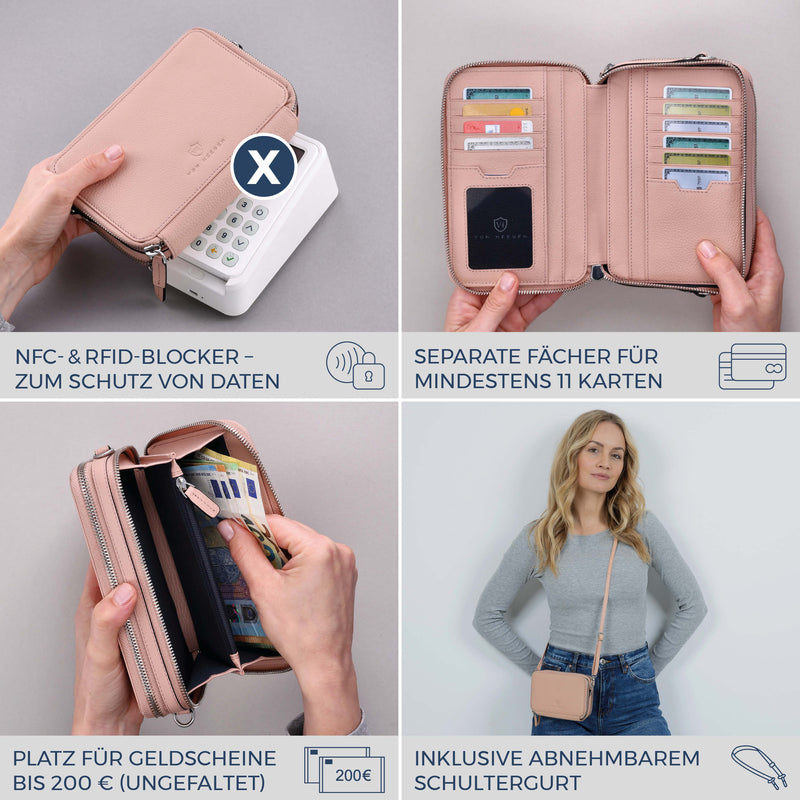 Geldbörse mit RFID-Schutz & 2 Hauptfächer zum Umhängen (Genarbt)