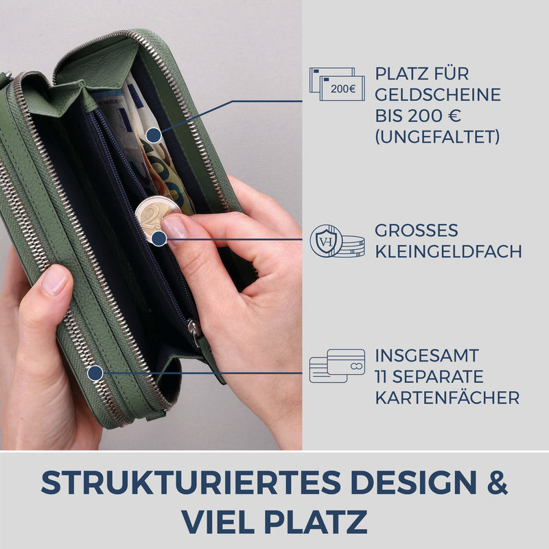 Geldbörse mit RFID-Schutz & 2 Hauptfächer zum Umhängen (Genarbt)