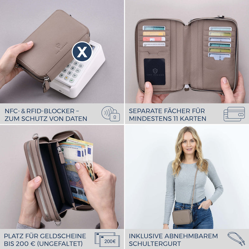 Geldbörse mit RFID-Schutz & 2 Hauptfächer zum Umhängen (Genarbt)