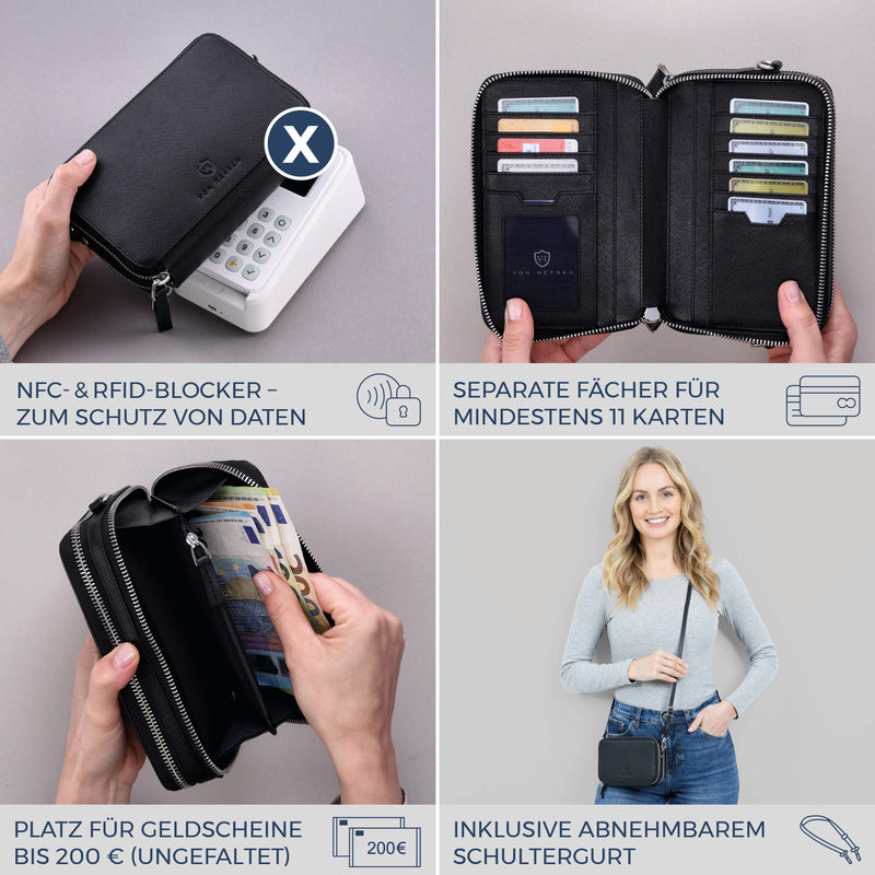 Geldbörse mit RFID-Schutz & 2 Hauptfächer zum Umhängen (Saffiano)