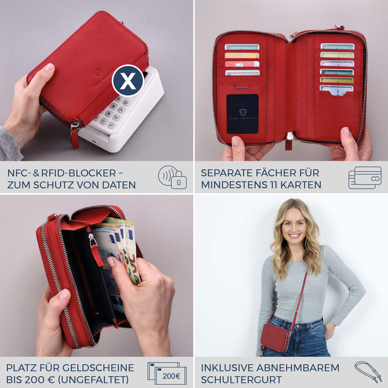 Geldbörse mit RFID-Schutz & 2 Hauptfächer zum Umhängen (Saffiano)