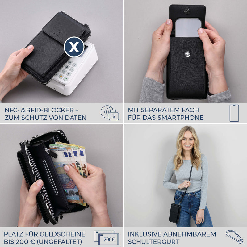 Geldbörse mit Handyfach, RFID-Schutz & 18 Kartenfächer (Genarbt)