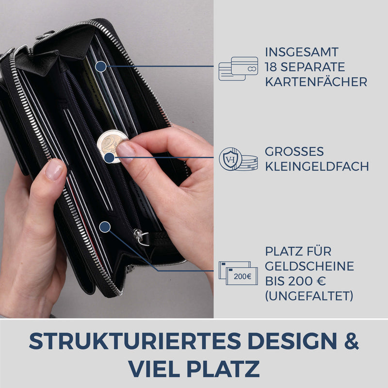 Geldbörse mit Handyfach, RFID-Schutz & 18 Kartenfächer (Genarbt)
