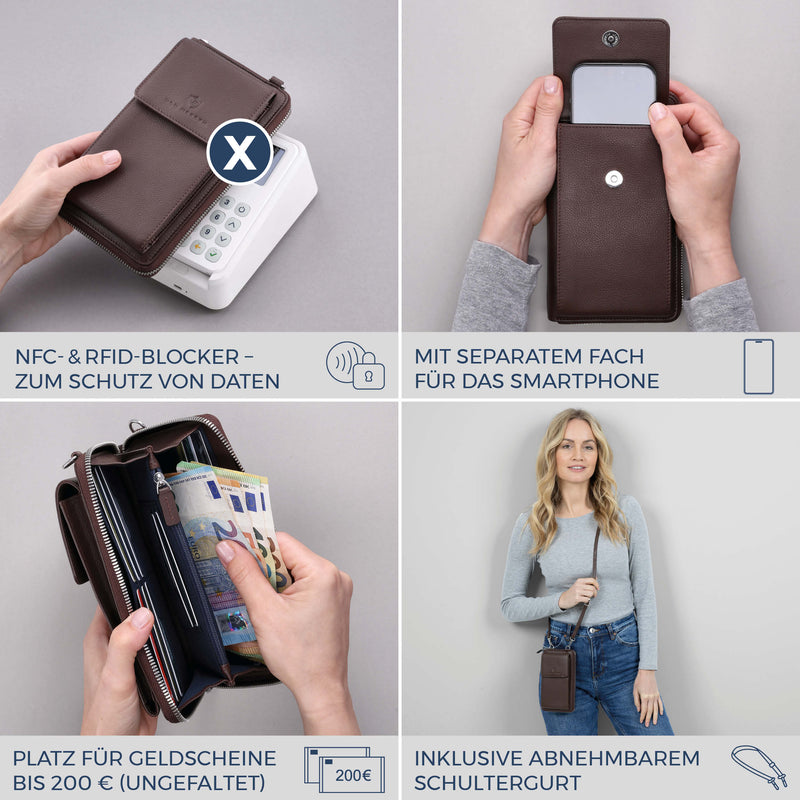 Geldbörse mit Handyfach, RFID-Schutz & 18 Kartenfächer (Genarbt)