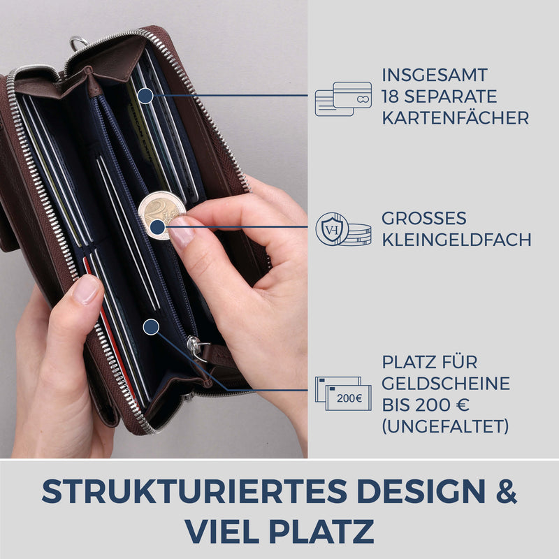 Geldbörse mit Handyfach, RFID-Schutz & 18 Kartenfächer (Genarbt)