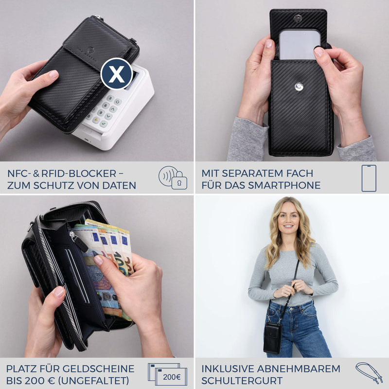 Geldbörse mit Handyfach, RFID-Schutz & 18 Kartenfächer (Carbon)