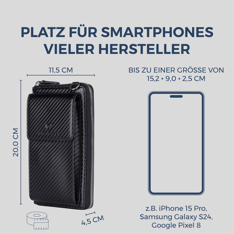 Geldbörse mit Handyfach, RFID-Schutz & 18 Kartenfächer (Carbon)