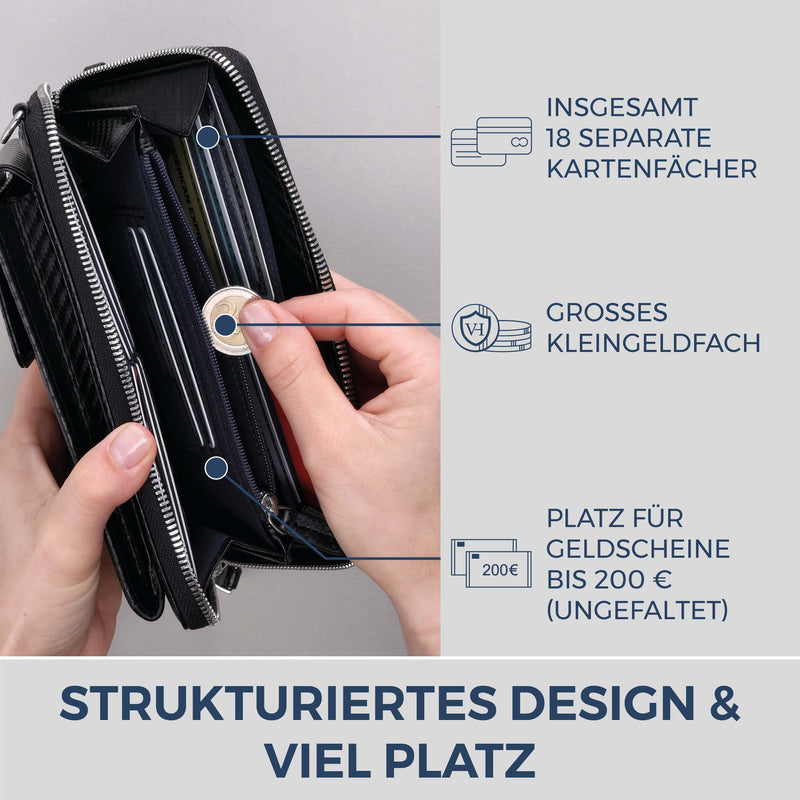 Geldbörse mit Handyfach, RFID-Schutz & 18 Kartenfächer (Carbon)