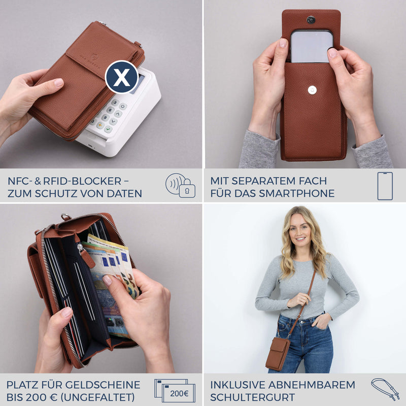 Geldbörse mit Handyfach, RFID-Schutz & 18 Kartenfächer (Genarbt)