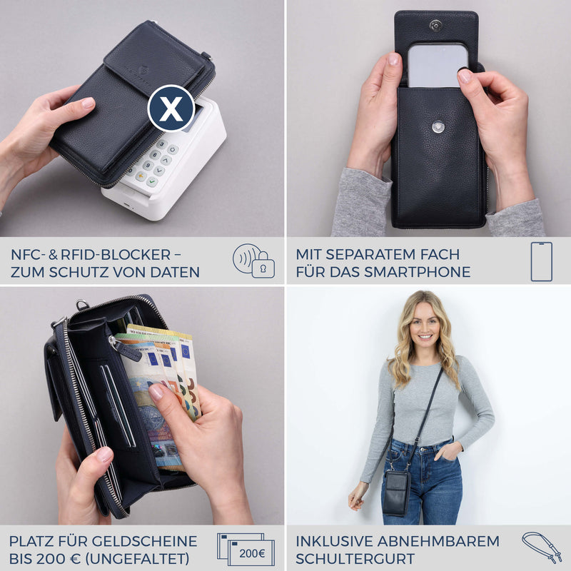 Geldbörse mit Handyfach, RFID-Schutz & 18 Kartenfächer (Genarbt)
