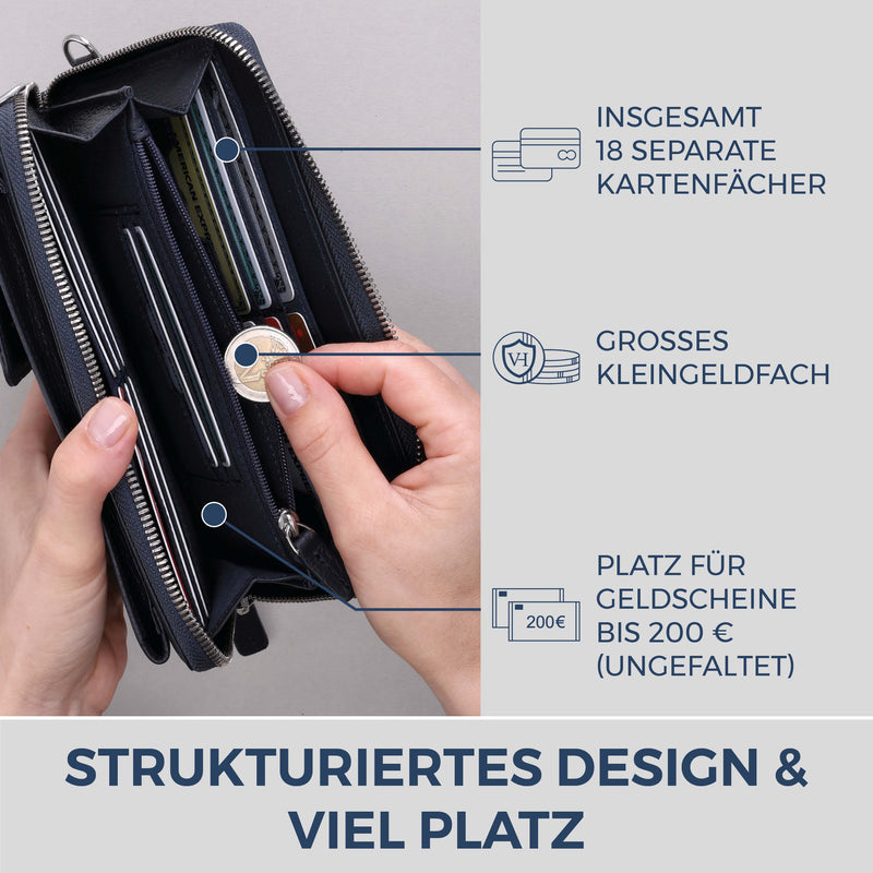 Geldbörse mit Handyfach, RFID-Schutz & 18 Kartenfächer (Genarbt)
