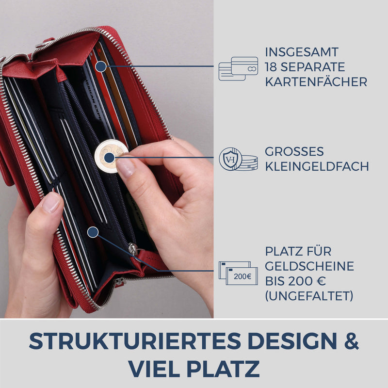 Geldbörse mit Handyfach, RFID-Schutz & 18 Kartenfächer (Genarbt)