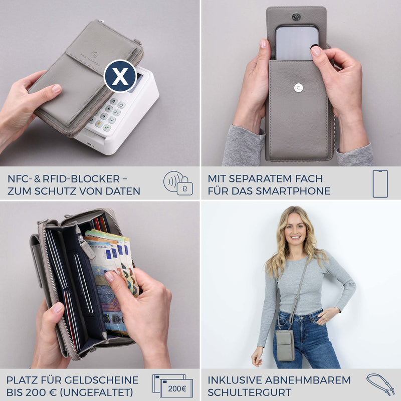 Geldbörse mit Handyfach, RFID-Schutz & 18 Kartenfächer (Genarbt)