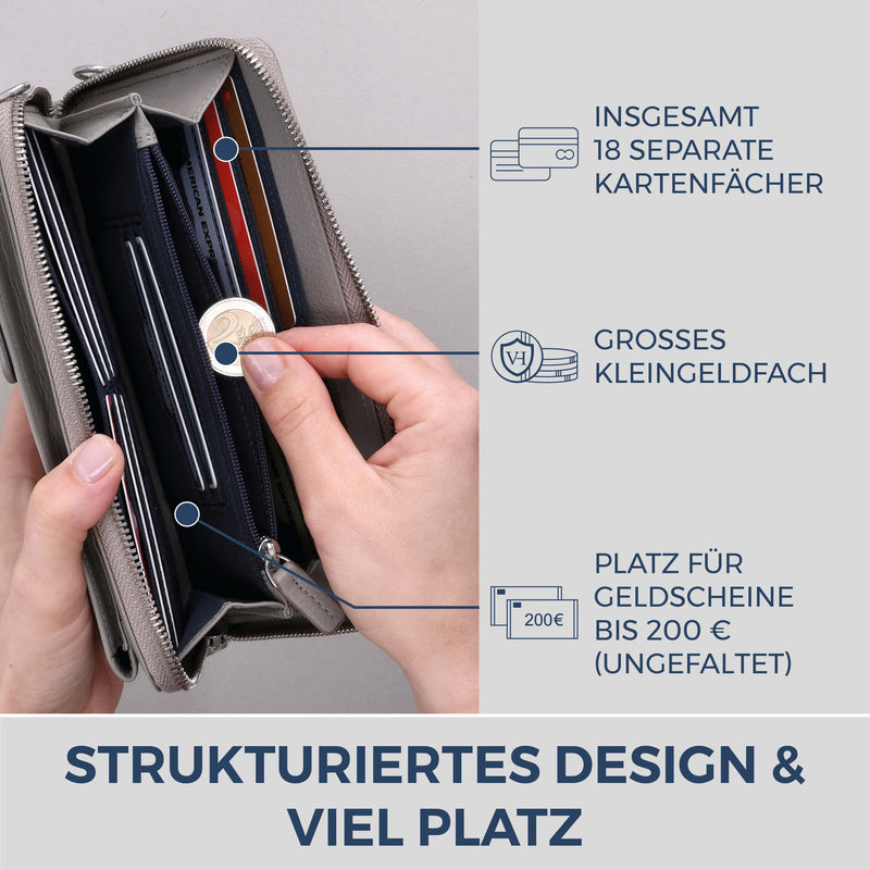 Geldbörse mit Handyfach, RFID-Schutz & 18 Kartenfächer (Genarbt)