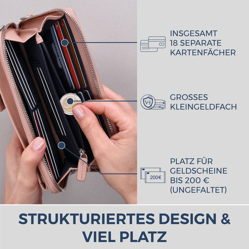 Geldbörse mit Handyfach, RFID-Schutz & 18 Kartenfächer (Genarbt)