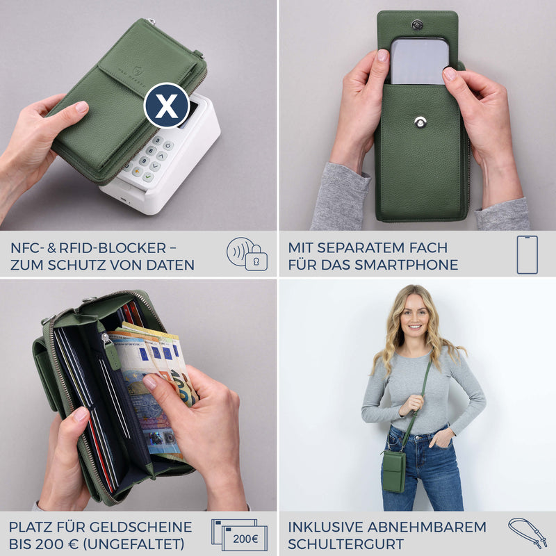 Geldbörse mit Handyfach, RFID-Schutz & 18 Kartenfächer (Genarbt)