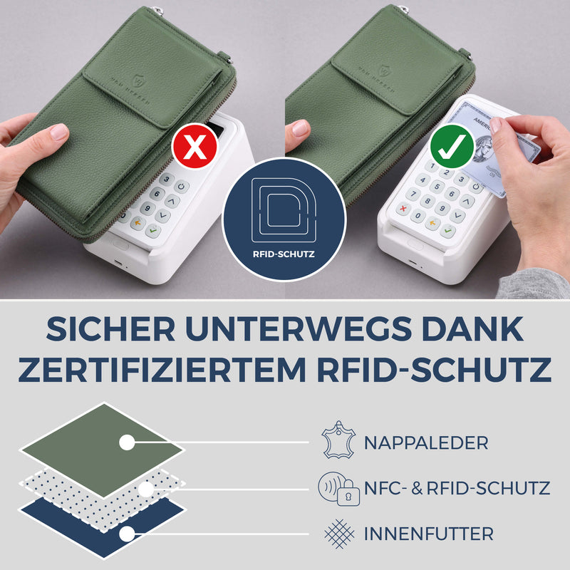 Geldbörse mit Handyfach, RFID-Schutz & 18 Kartenfächer (Genarbt)