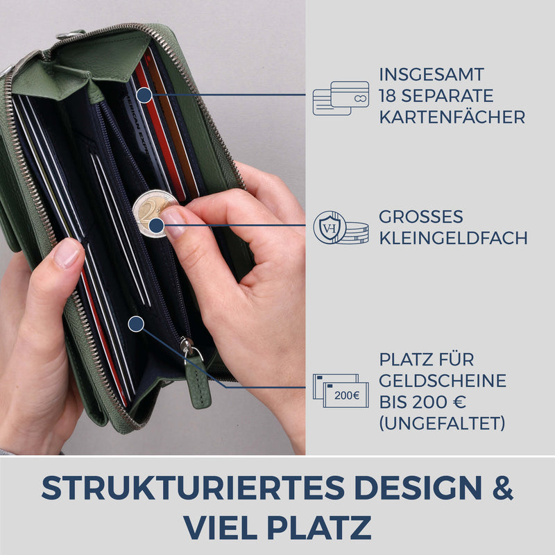 Geldbörse mit Handyfach, RFID-Schutz & 18 Kartenfächer (Genarbt)