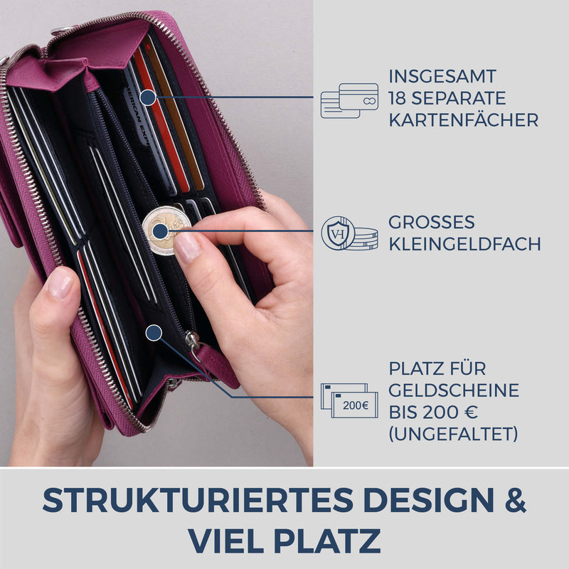 Geldbörse mit Handyfach, RFID-Schutz & 18 Kartenfächer (Genarbt)