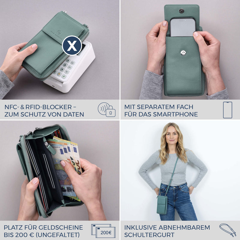 Geldbörse mit Handyfach, RFID-Schutz & 18 Kartenfächer (Genarbt)