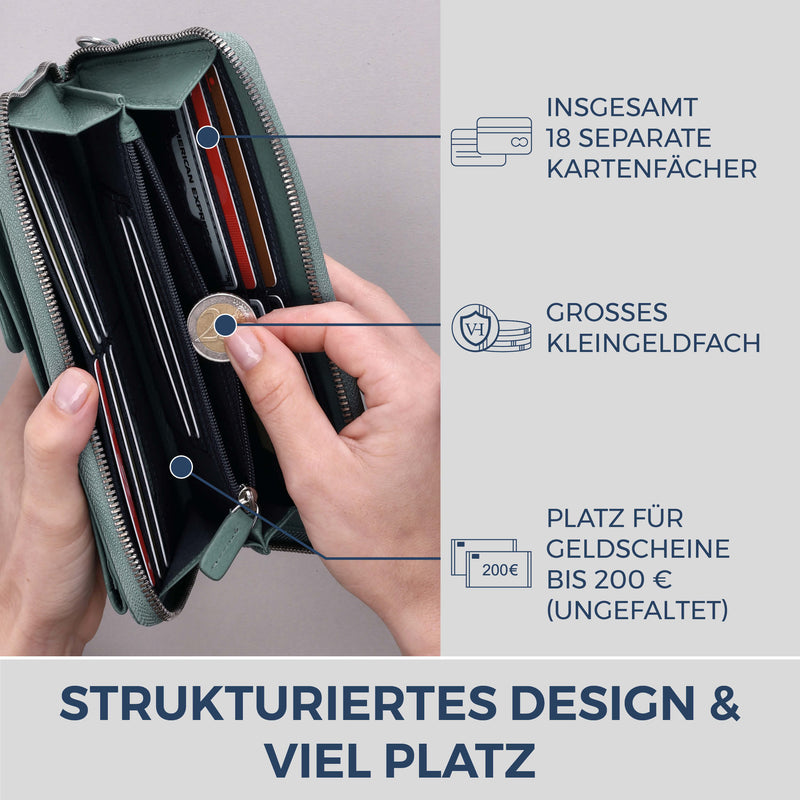 Geldbörse mit Handyfach, RFID-Schutz & 18 Kartenfächer (Genarbt)