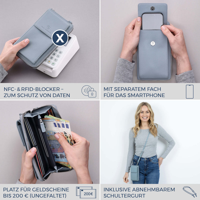 Geldbörse mit Handyfach, RFID-Schutz & 18 Kartenfächer (Genarbt)