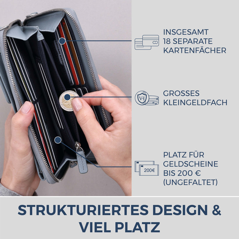 Geldbörse mit Handyfach, RFID-Schutz & 18 Kartenfächer (Genarbt)
