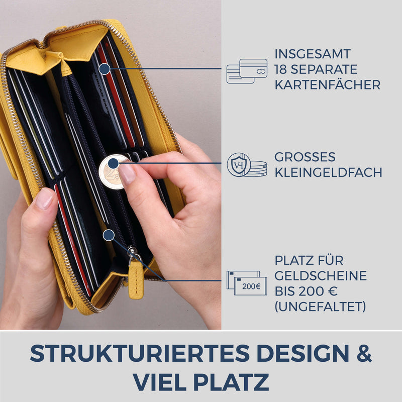 Geldbörse mit Handyfach, RFID-Schutz & 18 Kartenfächer (Genarbt)