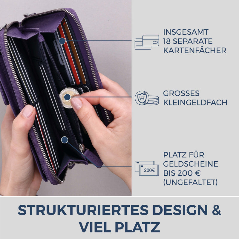 Geldbörse mit Handyfach, RFID-Schutz & 18 Kartenfächer (Genarbt)