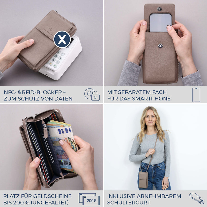 Geldbörse mit Handyfach, RFID-Schutz & 18 Kartenfächer (Genarbt)